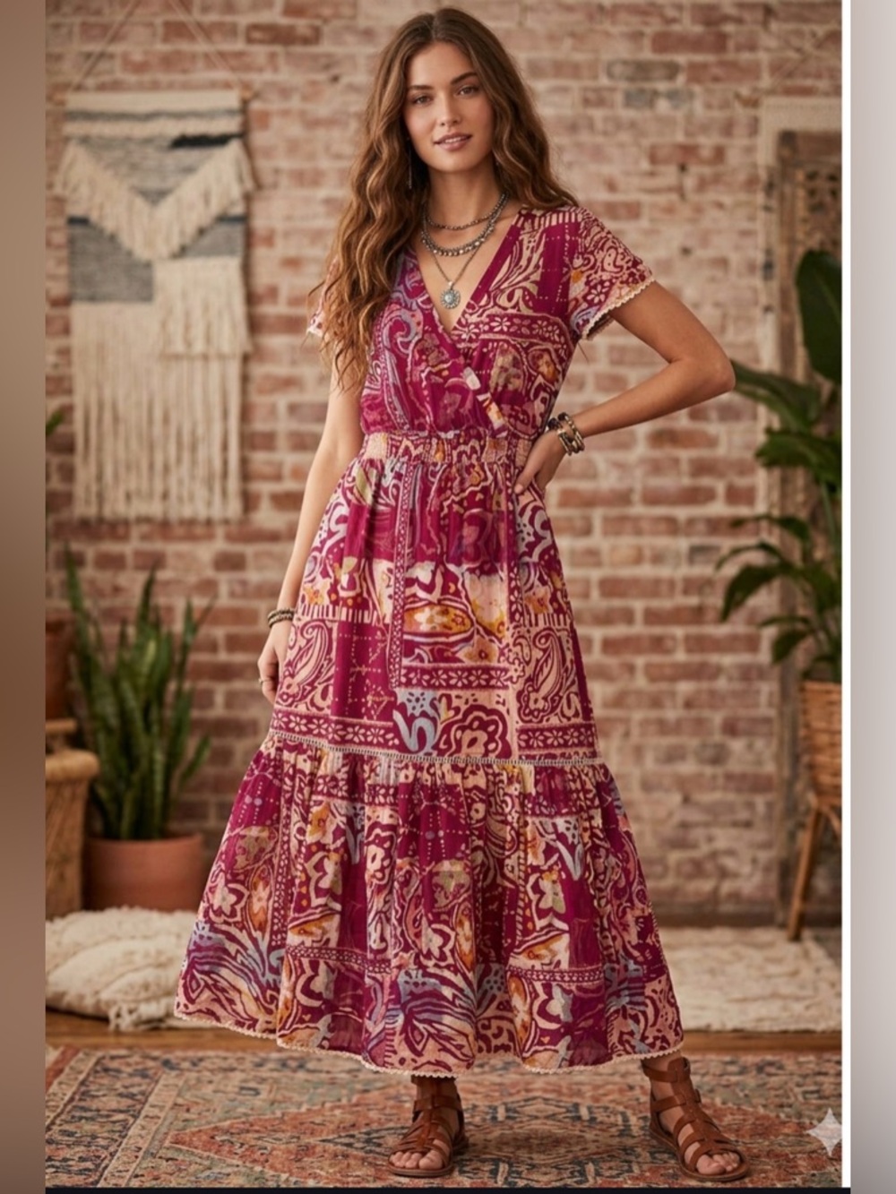 🌟B586. Boho Chic V-Neck Patchwork Maxi Dress
